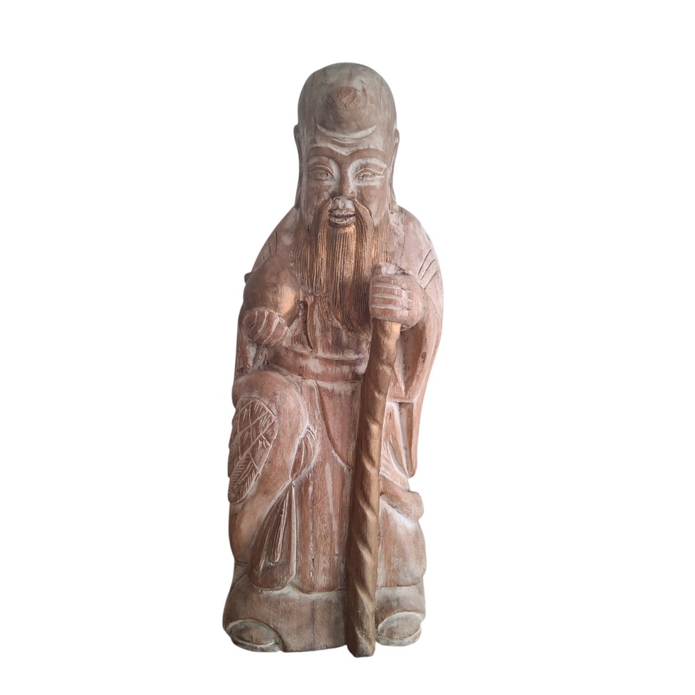 21" Vintage Hand Carved Wood Statue of Chinese Tao God of Longevity Shou‎ Lao